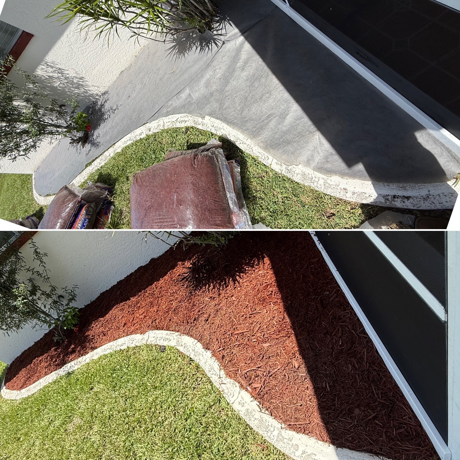 Curved garden bed finished with red mulch